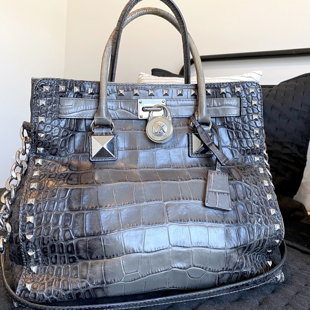 Michael Kors Croc. Leather Studded Hamilton Tote